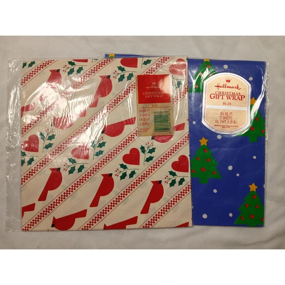 Vtg Hallmark Christmas Gift Wrap Paper Sheets NOS Sealed Lot of 2 Cardinals/Tree